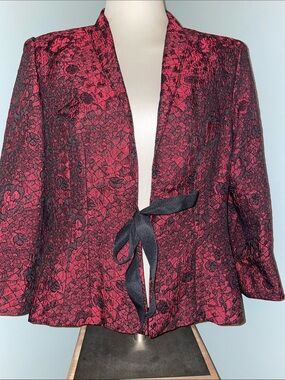 Studio 17 Black & Red Evening Jacket with tie waist. Lined. Size 16. 3/4 Sleeve